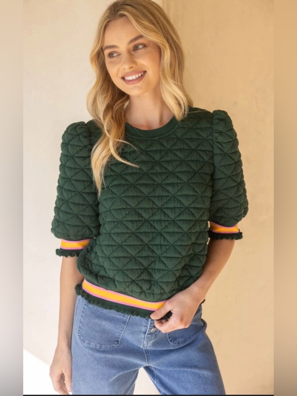 VOY quilted striped band top in green